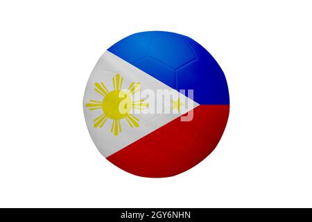 Fußball in den Farben der philippinischen Flagge isoliert auf weißem Hintergrund. In einem konzeptionellen Meisterschaftsbild, das die Philippinen unterstützt. Stockfoto