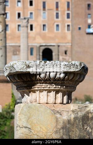 Forum Romanum, Ansicht der Ruinen von mehreren wichtigen antiken Gebäuden, Fragment des Säulenkopfes, Rom, Italien Stockfoto