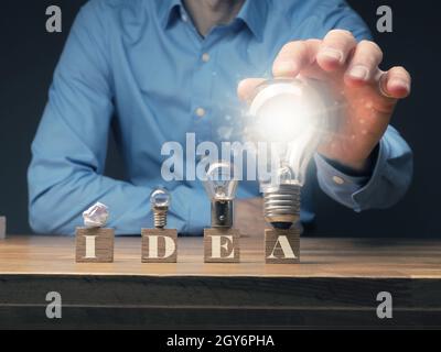 Vier Holzblöcke mit der Aufschrift New Idea und einer zerknitterten Papierkugel und drei unterschiedlich großen Glühbirnen, neue Ideen und Kreativitätskonzept Stockfoto