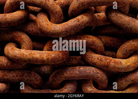 Bacjgrounds und Texturen: Glieder sehr alter verwitterter rostiger Kette, Nahaufnahme, Industrial Abstract Stockfoto