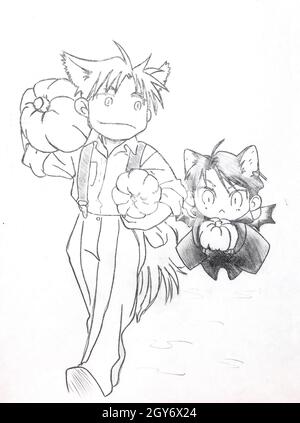 Zeichnung im Anime-Stil. Das Bild von a fiktiver Buchstabe, eine Katze Mädchen auf dem Bild im Stil der japanischen anime Stockfoto