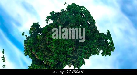 Insel von fraktalem Grün, das am Himmel vor dem Hintergrund von Wolken fliegt. 3d-Rendering. Stockfoto