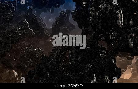 Schwarzes vulkanisches Gestein mit roten Lavagängen. Hintergrundstruktur eines Felsens. Mandelbulb Fractal Rocks. 3d-Rendering. Stockfoto