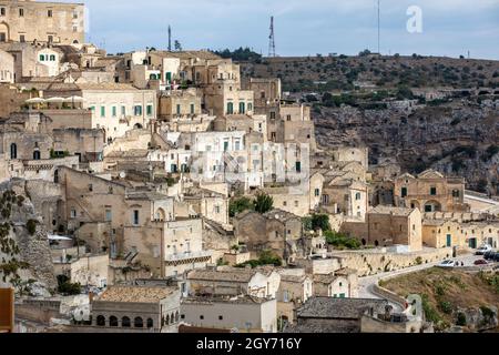 Matera, Italien - 20 September, 2019: Blick auf die Sassi di Matera ein historisches Viertel in der Stadt Matera, bekannt für ihre alten Höhlenwohnungen bekannt Stockfoto