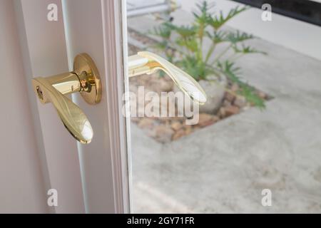 Goldene Griffe an einer Glastür, Stockfoto Stockfoto