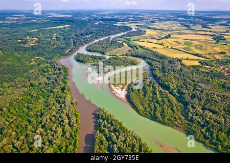 Luftaufnahme der Drau und Mura Mündung, Podravina Region von Kroatien, Grenze zu Ungarn Stockfoto