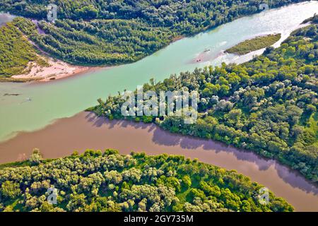 Luftaufnahme der Drau und Mura Mündung, Podravina Region von Kroatien, Grenze zu Ungarn Stockfoto