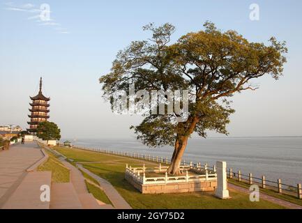 Der Park wurde als Aussichtsplatz für die Gezeitenströmung an der Mündung des Qiantang River genutzt. Nördliches Ufer des Qiantang Flusses in der Nähe von Hangzhou, China. Stockfoto