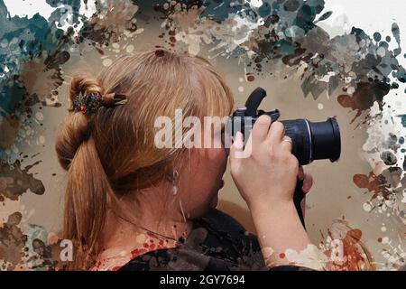 Fotograf, der im Studio arbeitet. Eine Erwachsene Frau, die eine Digitalkamera verwendet. Digitale Aquarellmalerei. Stockfoto