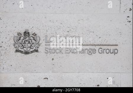 Schilderdetail der London Stock Exchange Group, City of London, Großbritannien. Stockfoto