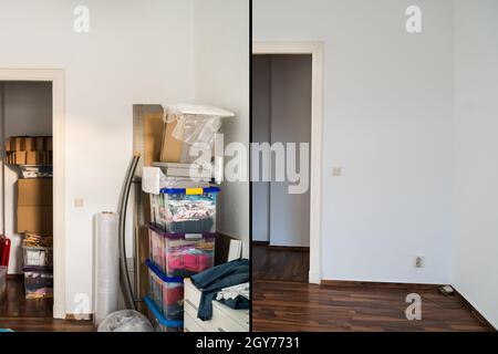 Raumaufdeckvorrichtung Vor Und Nach Dem Zimmer. Unordentliches Haus Stockfoto