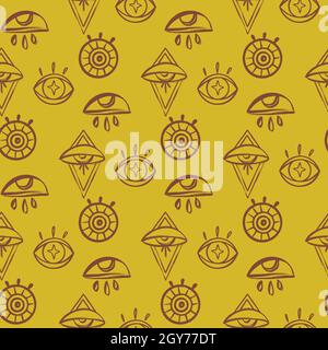 Doodle Psychedelische Augen Nahtloses Muster. Boho Okult Wallpaper und textile Oberfläche Hintergrund. Stock Vektor
