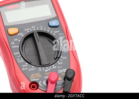 Multimeter für die Arbeit mit Elektrizität auf einem isolierten weißen Hintergrund Stockfoto
