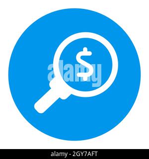 Auf der Suche nach Geld. Dollarsymbol unter einem weißen Glyphen-Symbolvektor der Lupe. Finanzzeichen. Graph-Symbol für Ihr Website-Design, Logo, App, UI Stockfoto