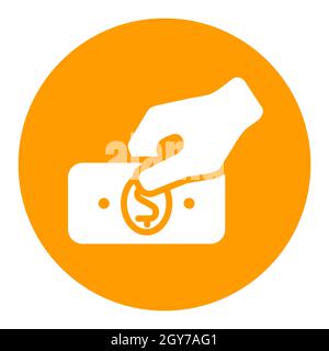 Hand, die Geld oder Geld in der Hand hält, umreißt ein weißes Glyphen-Symbol. Hand mit Geld oder Hand geben Geld flach Stil. Graph-Symbol für Ihr Website-Design, Stockfoto