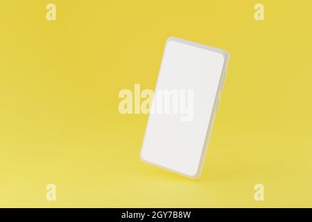 Weißes Smartphone-Modell auf gelbem Hintergrund. 3d-Mobiltelefon mit leerem weißen Bildschirm, einfaches Design. 3d-Darstellung des modernen Gerätebildschirms Stockfoto
