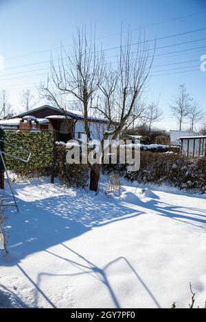 Im Winter ruht ein kleiner schneebedeckter Schottergarten Stockfoto