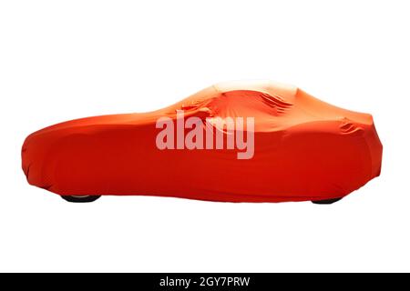 Autoabdeckung für Präsentation Sportwagen oder Schutz orange gefärbt isoliert auf weißem Hintergrund modern Stockfoto