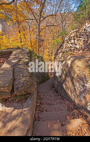 Hand Cut Stairway Between the Rocks in der Bell Smith Springs Scenic Area in Illinois Stockfoto