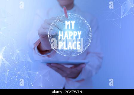 Schild mit My Happy Place, Wort für etwas schönes ist passiert oder sie fühlen sich zufrieden mit dem Leben Inspirational Business-Technologie-Konzept mit c Stockfoto