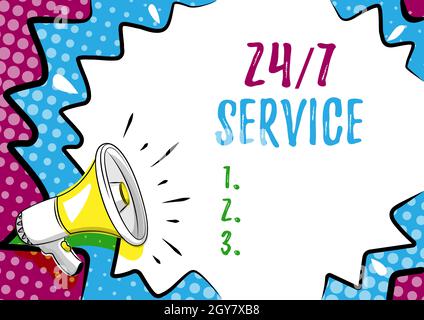 Inspiration showing sign 24 on 7 Service, Word Geschrieben auf eine Unterstützung, die die ganze Zeit verfügbar ist Bunte Design Anzeige wichtig Stockfoto