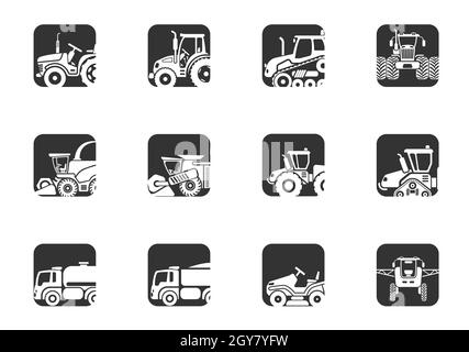 Landwirtschaftliche Fahrzeuge Icons Set mit Mähdrescher Traktor Anhänger Elemente des Anbaus und der Bewässerung isoliert Vector Illustration Stockfoto
