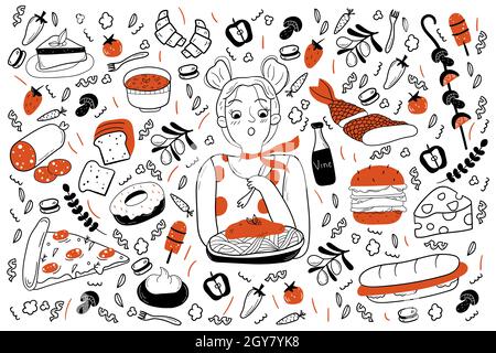 Food Doodle Set. Sammlung von handgezeichneten Skizzen Vorlagen von verschiedenen Arten von Essen. Fleisch Pizza Fisch und Fast Food Burger Sandwich oder heilen Stockfoto