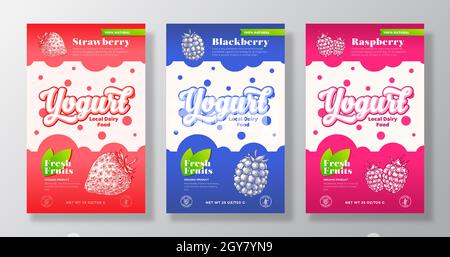 Obst und Beeren Joghurt Label Vorlagen Set. Abstract Vektor Milchverpackungen Design Layouts Sammlung. Modernes Banner mit handgezeichneter Erdbeere Stock Vektor