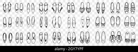 Paar feminine Schuhe Doodle Set. Kollektion von handgezeichneten stilvollen eleganten Schuhen Sandalen und Sneakers Paare stehen in Reihen isoliert auf transparent Stockfoto