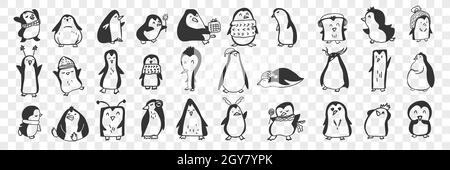 Pinguin-Doodle-Set. Sammlung von lustigen handgezeichneten niedlichen Pinguine Tiere in Zubehör tun alltägliche Dinge genießen das Leben isoliert auf transparente BA Stockfoto