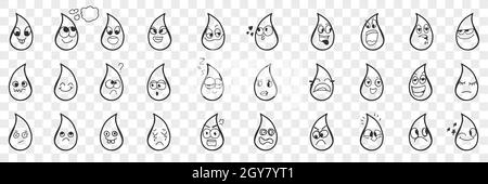 Wassertropfen Emoji Doodle Set. Sammlung von Hand gezeichnet niedlichen lustigen Wasser oder flüssige Tropfen mit verschiedenen Mimik Emotionen isoliert auf Transpare Stockfoto