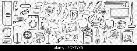 Verschiedene Haushaltsgeräte Doodle Set. Sammlung von handgezeichneten Ventilator Backofen Staubsauger Mixer Waschmaschine Mikrowelle Kühlschrank Mixer Nähen m Stockfoto