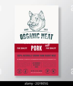 Organisches Fleisch abstrakter Vektor Verpackung Design oder Etikett Vorlage. Banner Mit Schweinestäcken Aus Eigener Landwirtschaft. Moderne Typografie und handgezeichnete Silhouette mit Schweinkopf Stock Vektor