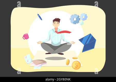Business, Entspannung, Meditation, Ruhe Konzept. Junger Geschäftsmann, Angestellter Manager, meditiert und entspannt in Lotuspose im Büro. Üben von Mindf Stockfoto