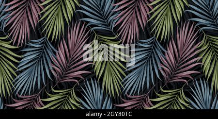 Tropisches, exotisches Nahtloses Muster mit farbigen Palmblättern auf dunklem Hintergrund. Handgezeichnete Vintage-Illustration und -Textur. Gut für Tapeten, Wandbilder Stockfoto
