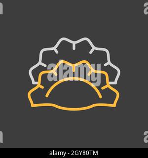 Zwei Knödel, Potstickers oder Jiaozi Vektor-Symbol auf dunklem Hintergrund. Schild für Fast Food. Graph Symbol für Kochen Website und Apps Design, Logo, App, UI Stockfoto