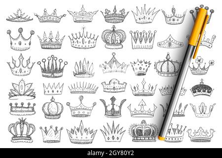 Elegante Kronen für Könige Doodle-Set. Sammlung von handgezeichneten stilvollen Kronen Accessoires Kopfbedeckung für Könige und Königinnen mit Juwelen und Edelsteinen verziert Stockfoto