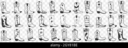 Verschiedene Cowboy Stiefel Doodle Set. Sammlung von handgezeichneten verschiedenen hohen Stiefeln im Cowboy-Stil zum Tragen in Reihen isoliert auf transparentem Hintergrund Stockfoto