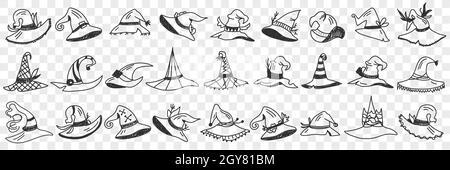 GNOME Cap Styles Doodle Set. Sammlung von handgezeichneten verschiedenen Formen und Designs von Gnomen Kappen individuelle traditionelle Accessoires in Reihen isoliert auf Stockfoto