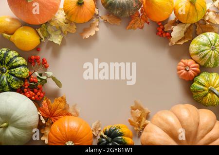 Herbstkomposition aus bunten Kürbissen und trockenen, fallierten Blättern auf beigem Hintergrund. Saisonaler Herbstrand mit Platz für Text. Draufsicht. Thanksgiving Da Stockfoto