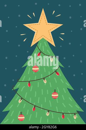 Weihnachtskarte mit einem Weihnachtsbaum mit Spielzeug und einer Girlande. Grußkarte zum neuen Jahr. Stock Vektor