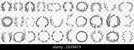 Set aus Blumenschmuck mit Kranz und Kritzelkritzel. Sammlung von handgezeichneten Kranz aus verschiedenen Blättern und Blumen für die Dekoration isoliert auf transparentem Hintergrund Stockfoto