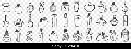 Parfümbehälter Doodle Set. Sammlung von handgezeichneten Vintage stilvolle Flasche und Gläser für Parfüm und WC-Wasser isoliert auf transparentem Backgroun Stockfoto