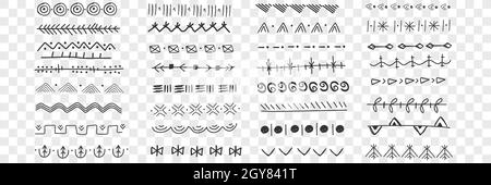 Vintage Linien und Symbole Doodle Set. Sammlung von handgezeichneten Linien mit orientalischen ethnischen Mustern und Dekorationen isoliert auf transparentem Backgroun Stockfoto