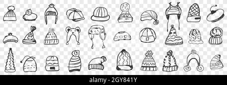 Kopfschmuck-Doodle-Set. Sammlung von handgezeichneten verschiedenen warmen Mützen und Hüten für das Tragen im Winter oder Herbst isoliert auf transparentem Hintergrund. Abb. Stockfoto