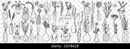 Blumen in Töpfen Doodle Set. Sammlung von handgezeichneten verschiedenen Pflanzen in Töpfen für zu Hause wächst isoliert auf transparentem Hintergrund. Abbildung des Hauses Stockfoto