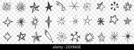 Stars-Doodle-Set. Sammlung von handgezeichneten leuchtenden und fallenden Sternen am Himmel isoliert auf transparentem Hintergrund. Illustration von hellen verschiedenen Sternen o Stockfoto