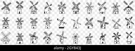 Windmühlen während der Arbeit Doodle Set. Sammlung von handgezeichneten verschiedenen Windmühle arbeiten auf Energie und Leistung in Reihen isoliert auf transparentem Hintergrund Stockfoto