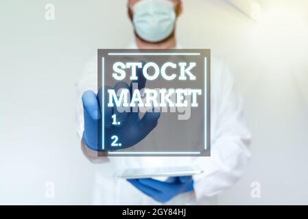 Handschriftentext Aktienmarkt, Geschäftsansatz bestimmter Markt, in dem Aktien und Anleihen gehandelt oder ausgekauft werden Demonstration von Medical Technology, Pres Stockfoto