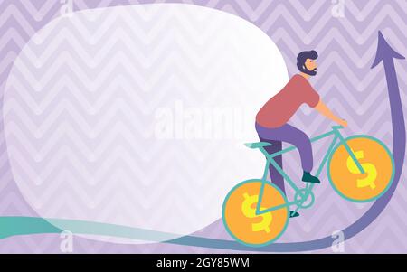 Man Drawing Riding Bicycle Mit Dollar Sign Wheels, Die Nach Oben Gehen. Stockfoto